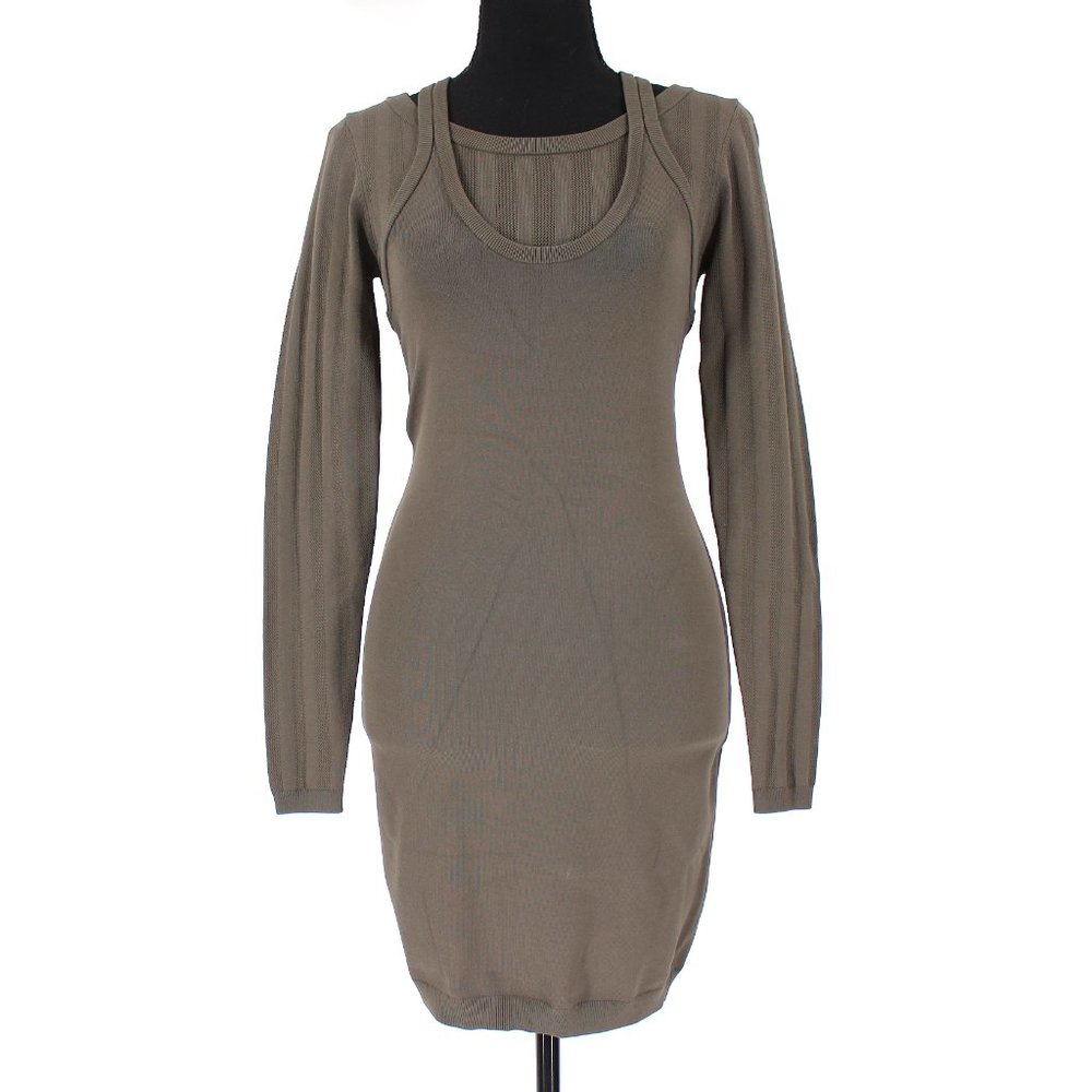 Alexander Wang Mesh Stripe Bi-Layer Long Sleeve Knit Mini Dress Moss X-Small NEW
